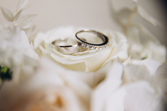 Wedding. The rings of the bride and groom lie on a bouquet of white and pink flowers