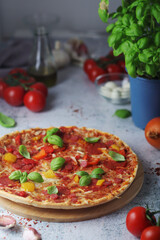 Pizza with salami and basil