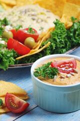 Hummus with vegetables salad and nachos