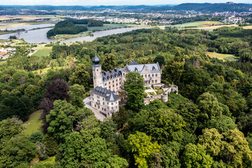 Aerial view, Callenberg Castle, hunting lodge and summer palace of the Dukes of Saxe-Coburg and...