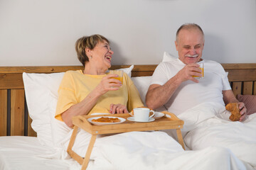 healthy seniors lifestyle. relaxing at home. loving elderly couple has breakfast in bed