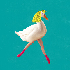 Contemporary art collage. Conceptual image. Female ballerina legs with duck body isolated over...