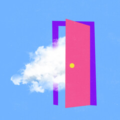 Contemporary art collage. Conceptual image. Doors opening with cloud appearing isolated over blue background.