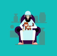 Old man resting at home with his cat. Vector illustration.