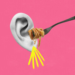 Contemporary art collage. Spaghetti on fork moving to human ear symbolizing fool