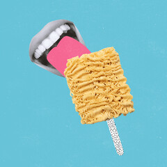 Contemporray art collage. Female mouth eating noodles like ice cream isolated over blue background