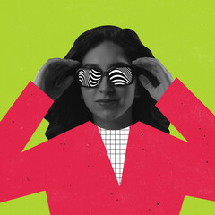 Contemporary art collage. Young woman with drawn cloth elements in glasses isolated over neon green...
