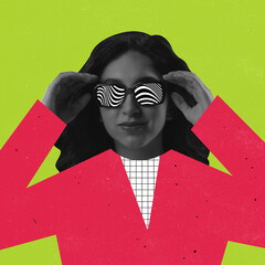 Contemporary art collage. Young woman with drawn cloth elements in glasses isolated over neon green background