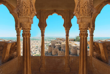 View from the traditional Indian balcony with arches with the view of the cityscape.