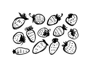 Hand drawn strawberry vector collection. Black doodle sketches. Line brush strokes with texture. Fruits cliparts. Ink illustration isolated on white background. Abstract strawberry drawings