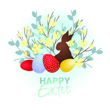 Happy Easter lettering. Easter wreath with Easter eggs, chocolate rabbit, flowers and branches on white background. Decorative frame with violet elements. Unique design for your greeting cards, banner