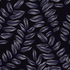 Vintage botanical print with dark foliage on a black background. Seamless pattern with elegant painted leaves. Retro botanical surface design. Vector illustration.