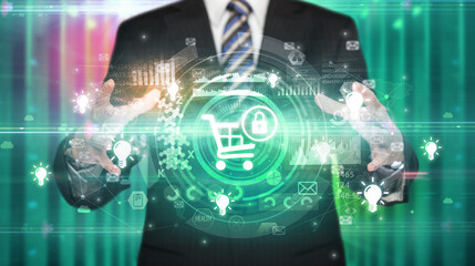 Obraz premium Businessman holding technology icon concept