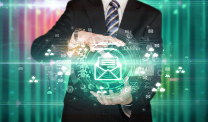 Businessman holding technology icon concept