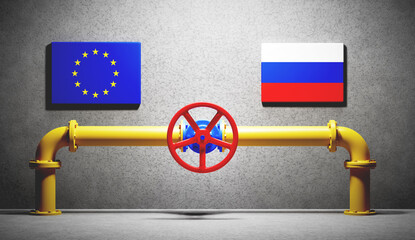 Gas transmission between Russia and EU. Valve on pipeline - obrazy, fototapety, plakaty