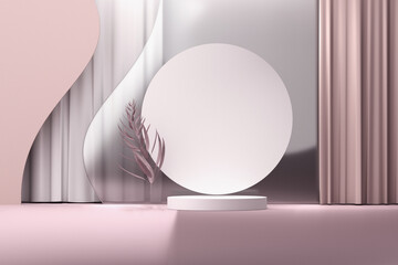 Mockup, template with podium, pedestal with blank circle and glass wall, pink curtains and pink plant branch