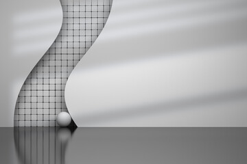 White abstract background with geometric shapes - curved wall cut out, square pattern, sphere and copy blank space