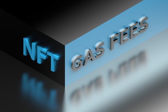 Illustration with words NFT, gas fees on blue black pedestal over reflective surface
