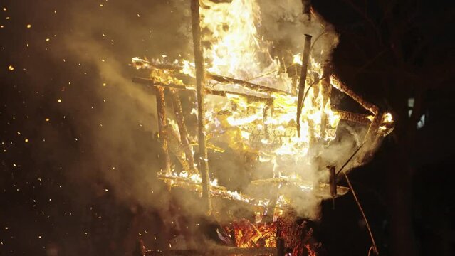 Fire Festival in Shiga Japan, Burning Float at night in Slow Motion