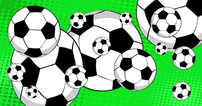 Soccer, Football balls. Motion poster. 4k animated Comic book objects moving on abstract comics background. Retro pop art style.