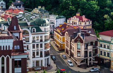 Colored houses in one of the districts of the city. View from the hill on colorful houses in Kyiv....
