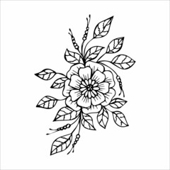 Hand drawn flower bouquet arrangement in black and white color doodle or sketch style. Postcard, invitation, greeting card, coloring book page.