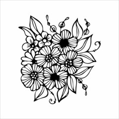 Hand drawn flower bouquet arrangement in black and white color doodle or sketch style. Postcard, invitation, greeting card, coloring book page.