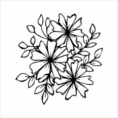 Hand drawn flower bouquet arrangement in black and white color doodle or sketch style. Postcard, invitation, greeting card, coloring book page.