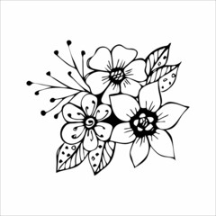 Hand drawn flower bouquet arrangement in black and white color doodle or sketch style. Postcard, invitation, greeting card, coloring book page.