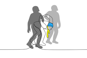 man in blue cap and yellow scarf (Ukraine flag) is being led with his hands wringed by security forces in uniform - one line drawing vector. person specially or accidentally dressed in political color