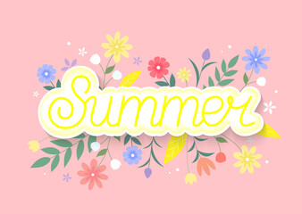 Summer lettering text with flower background. Vector Illustration