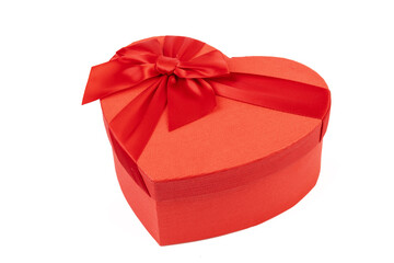 Red box in shape of heart. Gift box for Valentine's Day. Isolated on white background.