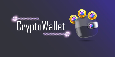 Cryptocurrency wallet concept illustration with wallet and crypto coins isolated on grey background. Crypto wallet landing page and poster design template. Crypto wallet for bitcoin, solana, ethereum
