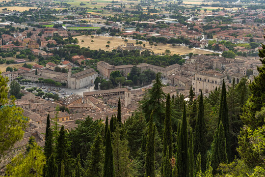 Aerial view of Gubbio viewed from the top of Mount Ingino, Umbria, Italy