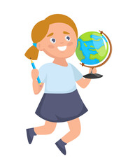 Happy little girl  with globe and pencil  in hands. Vector cartoon illustration