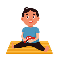 Fototapeta premium Happy little boy sits on the floor and playing with toy car. Vector illustration