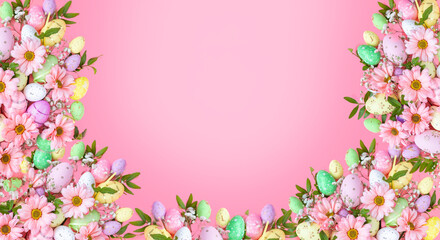 Obraz na płótnie Canvas Easter pink background with eggs and flowers . Top view flat lay background . Greeting card pattern with copy space.