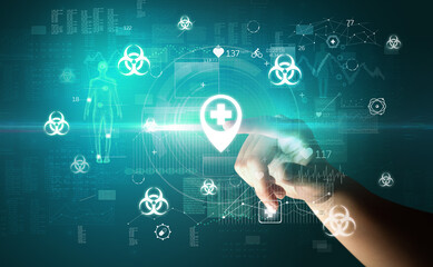 Doctor hand pressing futuristic health device with medical symbol on screen