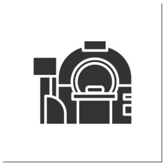 Tomography glyph icon.Brain examination.Cancer prevention. Modern medicine equipment. X-ray diagnostics. Health information management concept.Filled flat sign. Isolated silhouette vector illustration