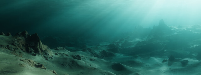 Rugged Landscape Terrain Underwater Dark Scene. - Powered by Adobe