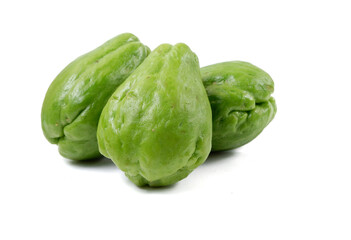 Closeup of fresh green chayote fruits isolated on a white background