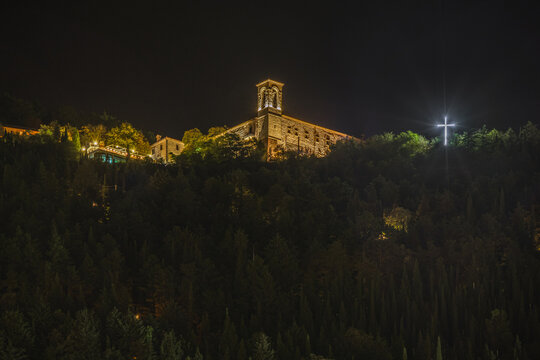 Beautiful Night view of Basilica di Sant, built at the top of Monte Ingino, Umbria, Italy