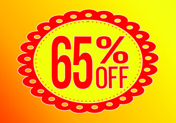 -65 percent discount. 65% discount. Up to 65%. Yellow and Red banner with floating balloon for promotions and offers. Up to. Vector. Discount and offer board.