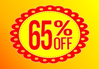 -65 percent discount. 65% discount. Up to 65%. Yellow and Red banner with floating balloon for promotions and offers. Up to. Discount and offer board.