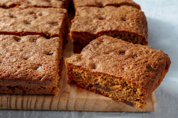 Blondie brownie dessert bars with chocolate chips, a close-up