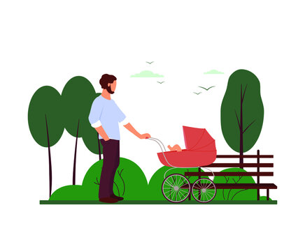 Dad With A Stroller In The Park. Vector Illustration