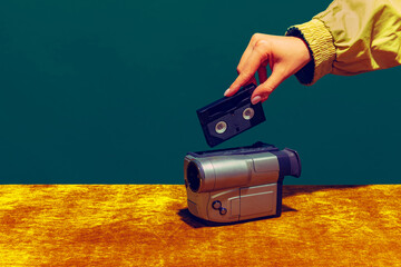 Concept of pop art photography. Using retro gadgets. Human hand holding videocamera isolated on green-yellow background. Vintage fashion style. Concept of nostalgia