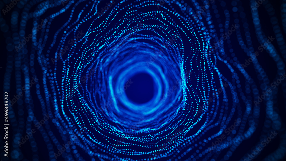 Poster Abstract dynamic wireframe tunnel on blue background. Deep wavy wormhole. Futuristic particle flow. 3d rendering.