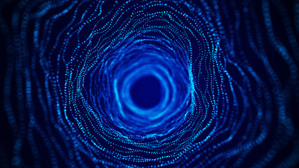 Abstract dynamic wireframe tunnel on blue background. Deep wavy wormhole. Futuristic particle flow. 3d rendering.