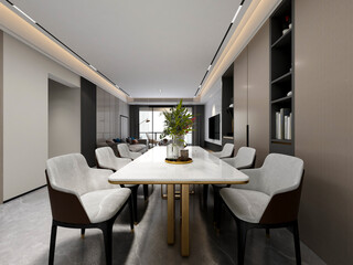 3D rendering, spacious dining room design next to the modern kitchen, with a beautiful dining table and greenery
